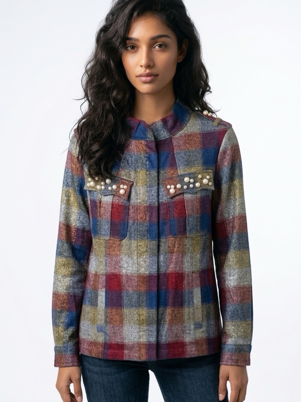 CABI | Pearl-Accent Plaid Zip Up Shacket in Jewel Tones Women’s Size Medium